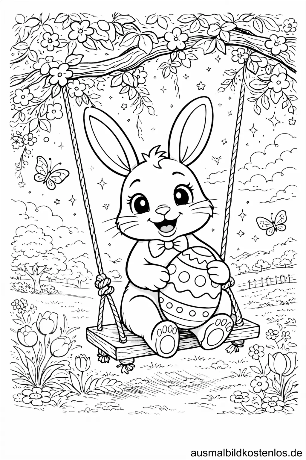 Osterhase auf der Schaukel – gratis Ausmalbild