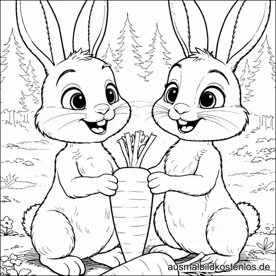 Zwei Osterhasen mit Karotte - kostenlose Malvorlage