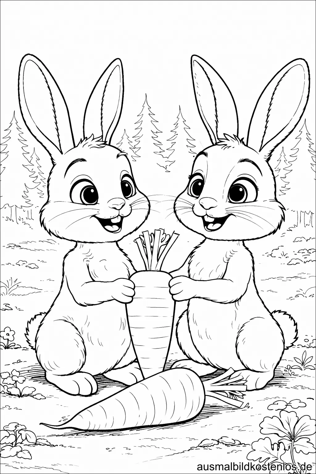 Zwei Osterhasen mit Karotte - kostenlose Malvorlage