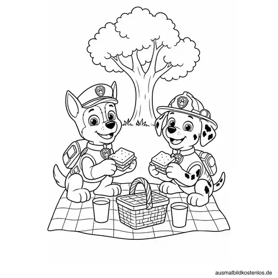 Paw Patrol Ausmalbild: Chase und Marshall beim Picknick