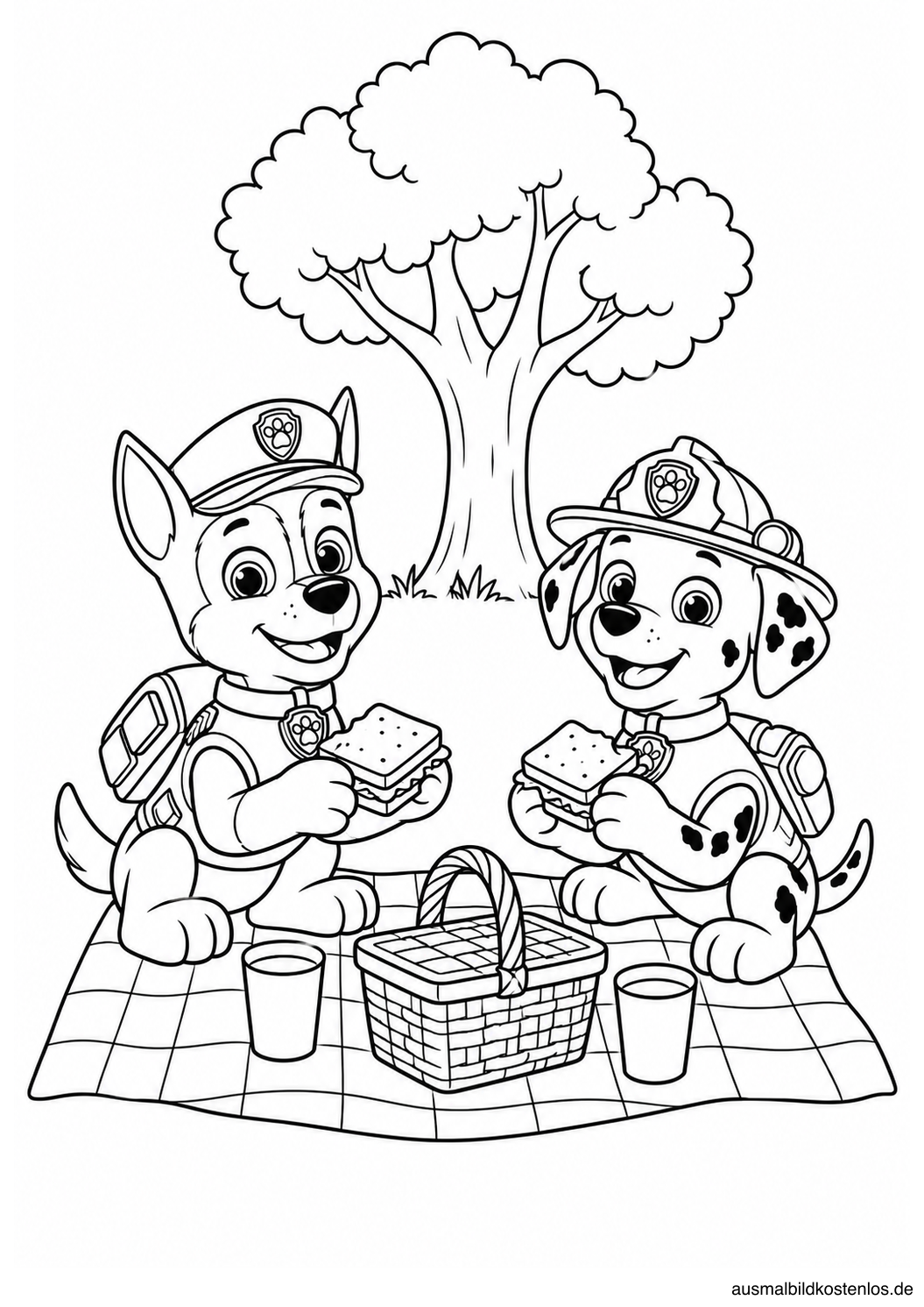 Chase und Marshall beim Picknick – schwarz-weiße Ausmalvorlage.