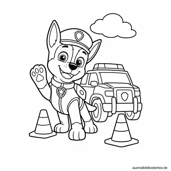 Paw Patrol Ausmalbild: Chase mit seinem Polizeiauto