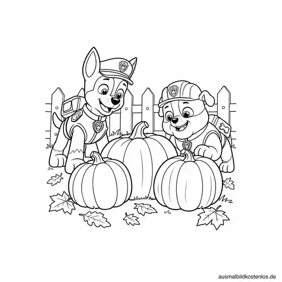 Paw Patrol Ausmalbild: Kürbissuche mit Chase und Rubble