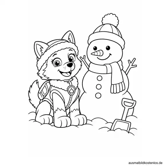 Paw Patrol Ausmalbild: Everest neben dem Schneemann