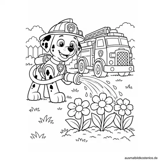 Paw Patrol Ausmalbild: Marshall gießt die Blumen