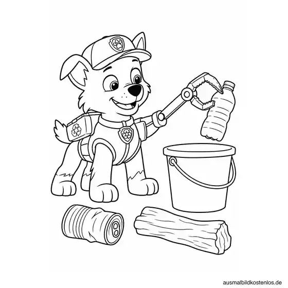 Paw Patrol Ausmalbild: Rocky sammelt am Strand auf