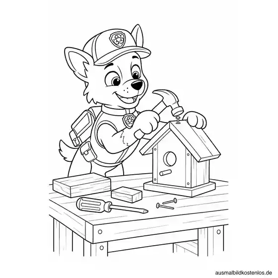 Paw Patrol Ausmalbild: Rocky baut ein Vogelhaus