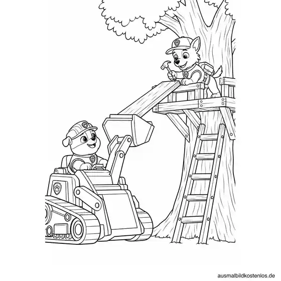 Paw Patrol Ausmalbild: Rubble und Rocky bauen ein Baumhaus