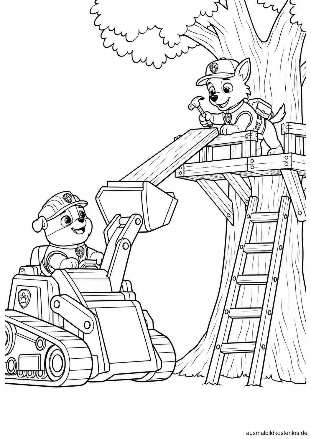 Rubble und Rocky bauen ein Baumhaus – schwarz-weiße Ausmalvorlage.