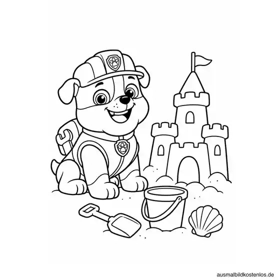 Paw Patrol Ausmalbild: Rubble baut eine Sandburg