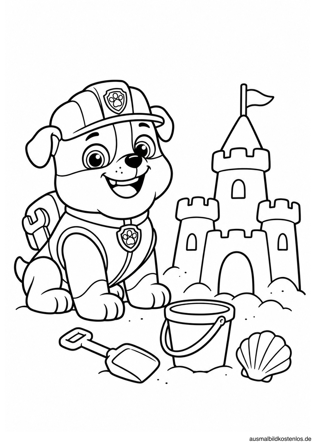 Rubble baut eine Sandburg – schwarz-weiße Ausmalvorlage.