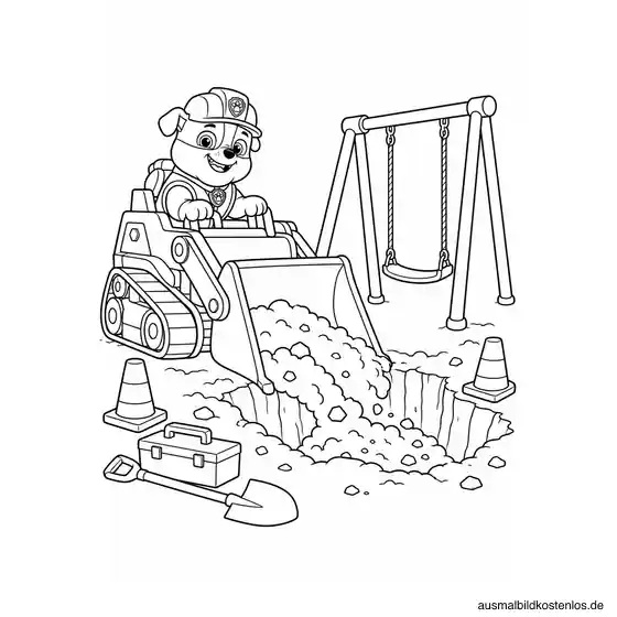 Paw Patrol Ausmalbild: Rubble repariert den Spielplatz