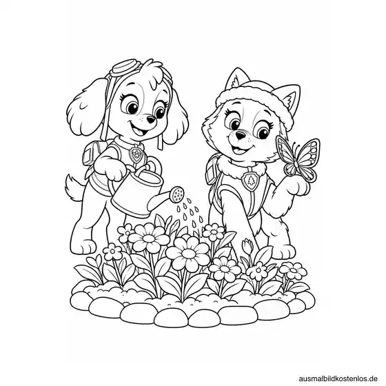 Paw Patrol Ausmalbild: Skye und Everest im Blumengarten