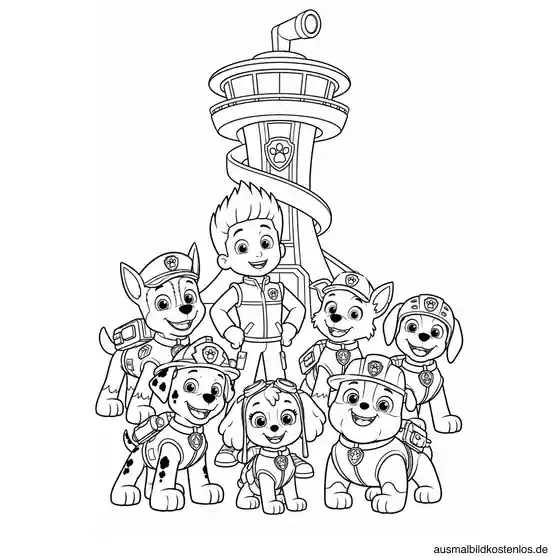 Paw Patrol Ausmalbild: Das Team vor dem Aussichtsturm