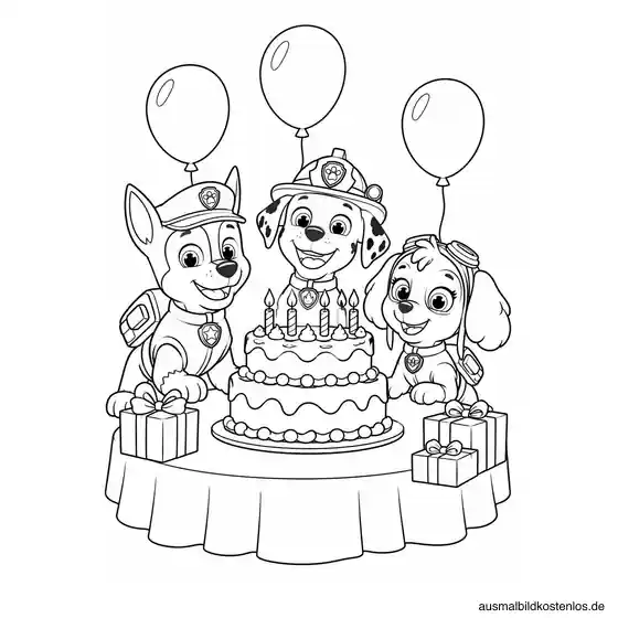Paw Patrol Ausmalbild: Das Team feiert Geburtstag