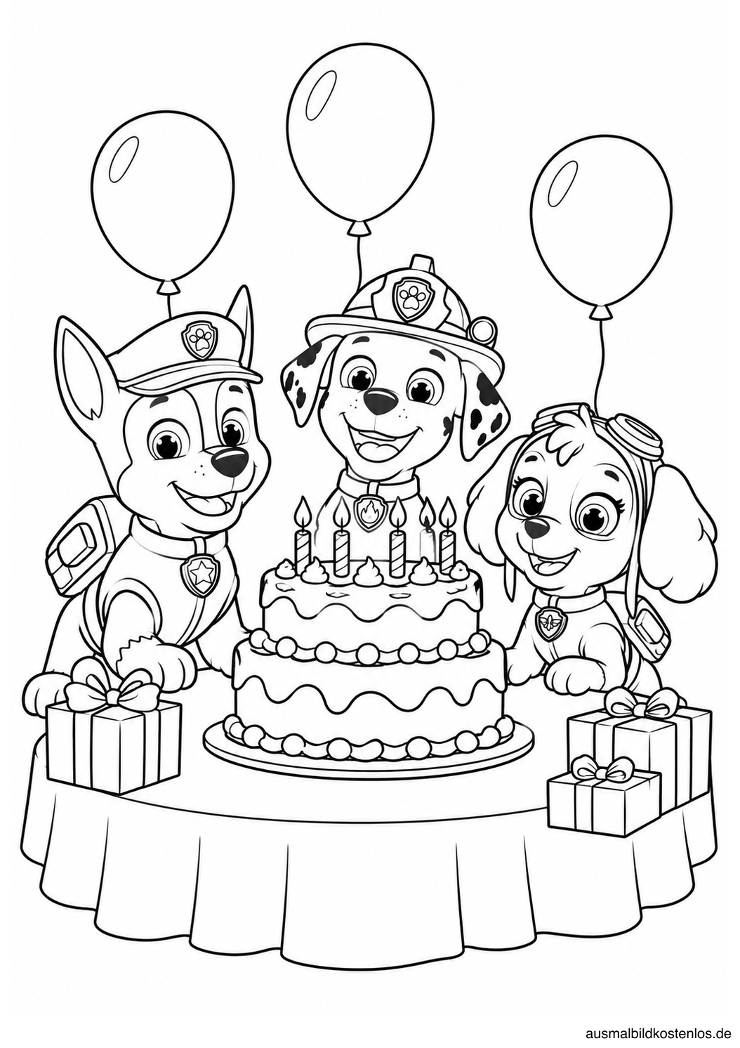 Das Team feiert Geburtstag – schwarz-weiße Ausmalvorlage.