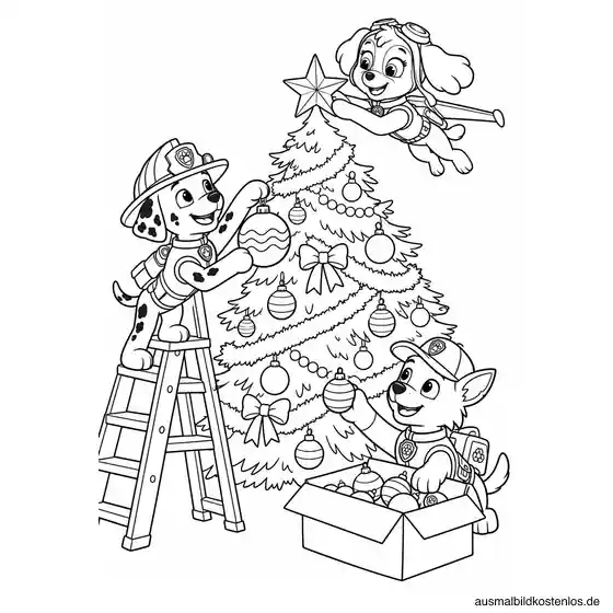 Paw Patrol Ausmalbild: Das Team schmückt den Weihnachtsbaum