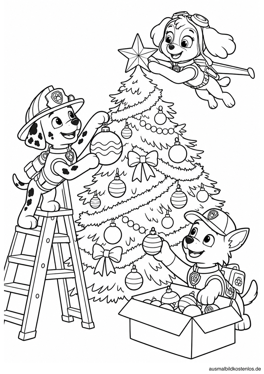Das Team schmückt den Weihnachtsbaum – schwarz-weiße Ausmalvorlage.
