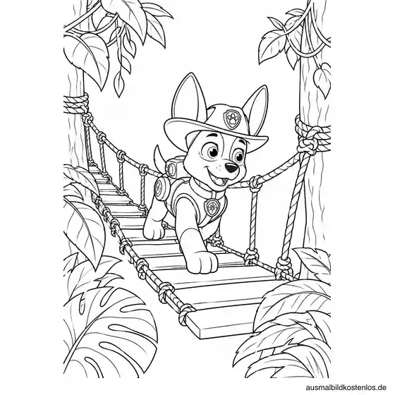 Paw Patrol Ausmalbild: Tracker auf der Hängebrücke