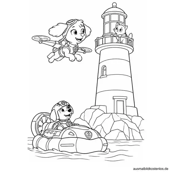 Paw Patrol Ausmalbild: Zuma und Skye am Leuchtturm
