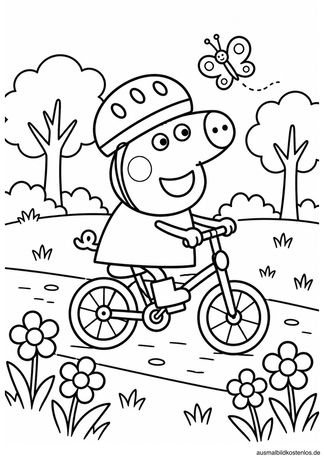 Peppa Wutz fährt mit Helm Fahrrad zwischen Blumen und Bäumen.