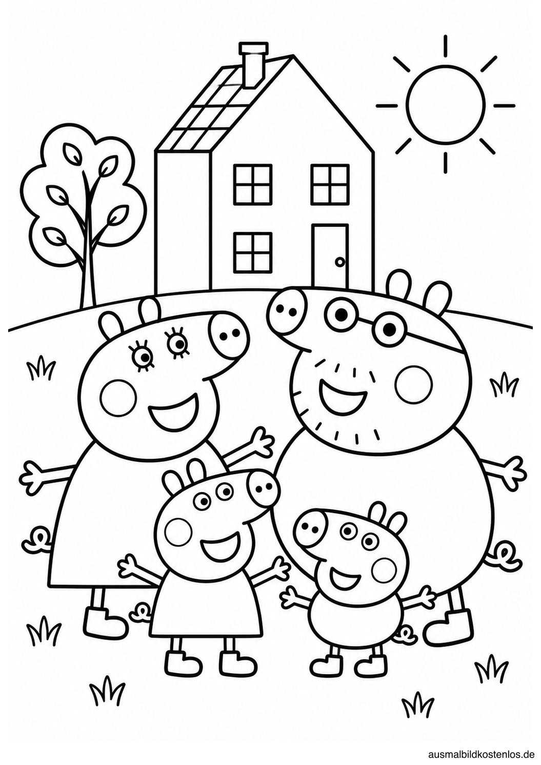 Peppa Wutz mit ihrer Familie vor dem Haus und einer Sonne im Hintergrund.