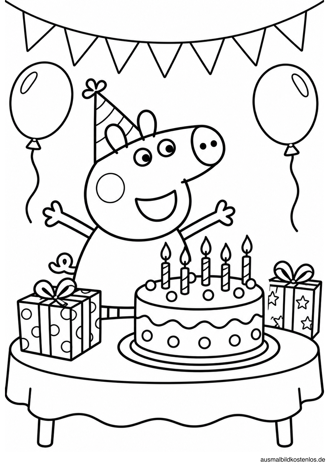 Peppa Wutz feiert Geburtstag mit Torte, Kerzen, Geschenken und Ballons.