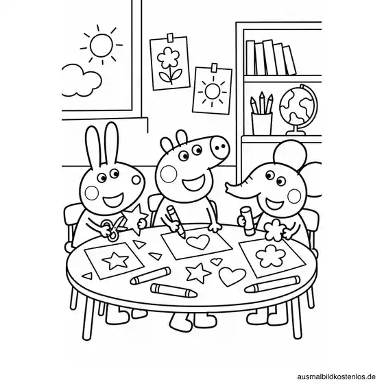 Peppa Wutz bastelt mit Freunden an einem Tisch im Kindergarten.
