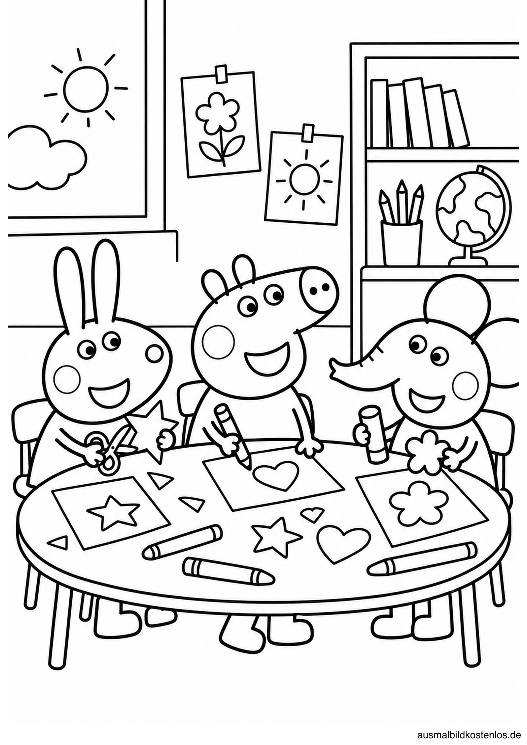 Peppa Wutz bastelt mit Freunden an einem Tisch im Kindergarten.