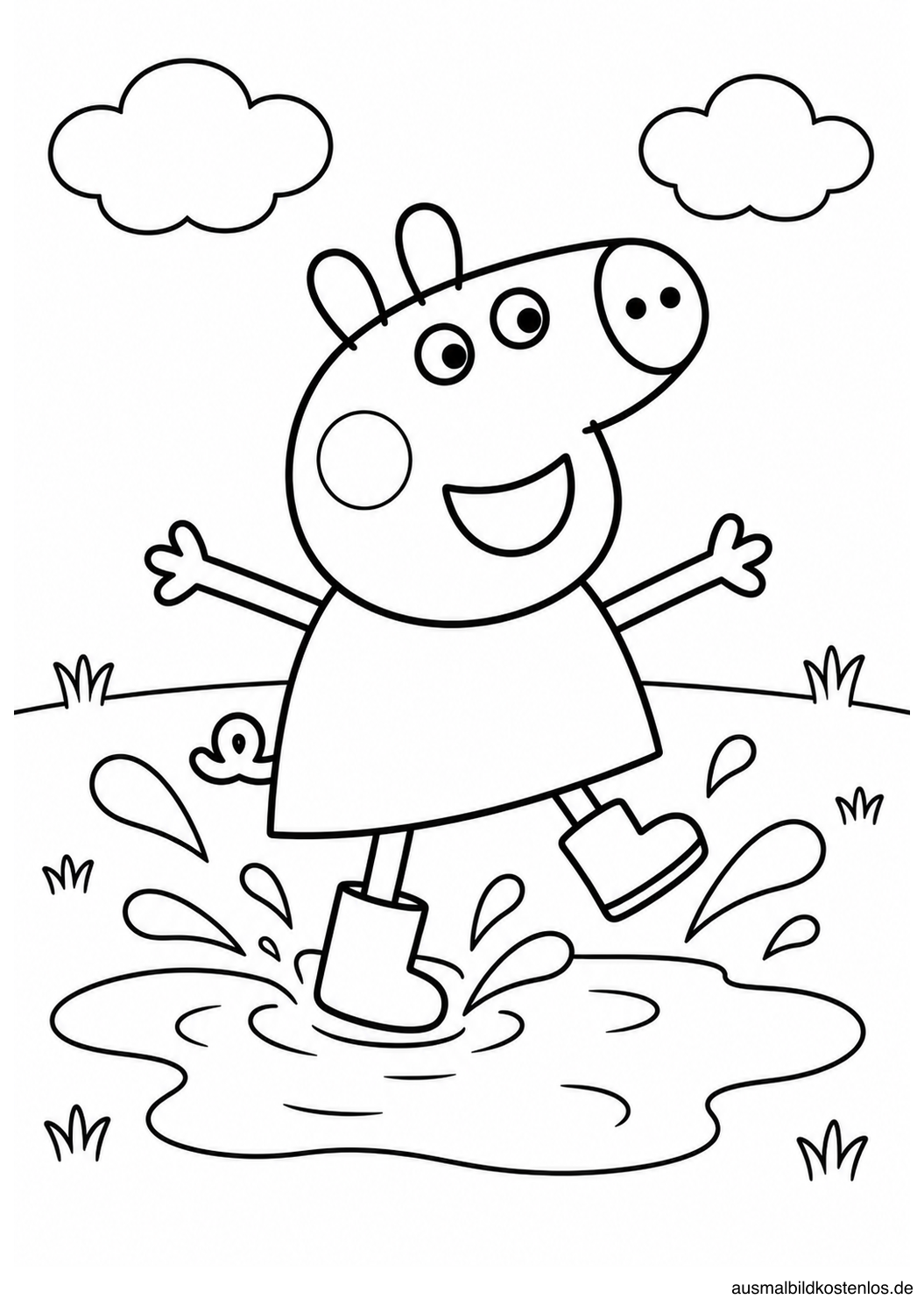 Peppa Wutz springt mit Gummistiefeln in eine große Matschpfütze.