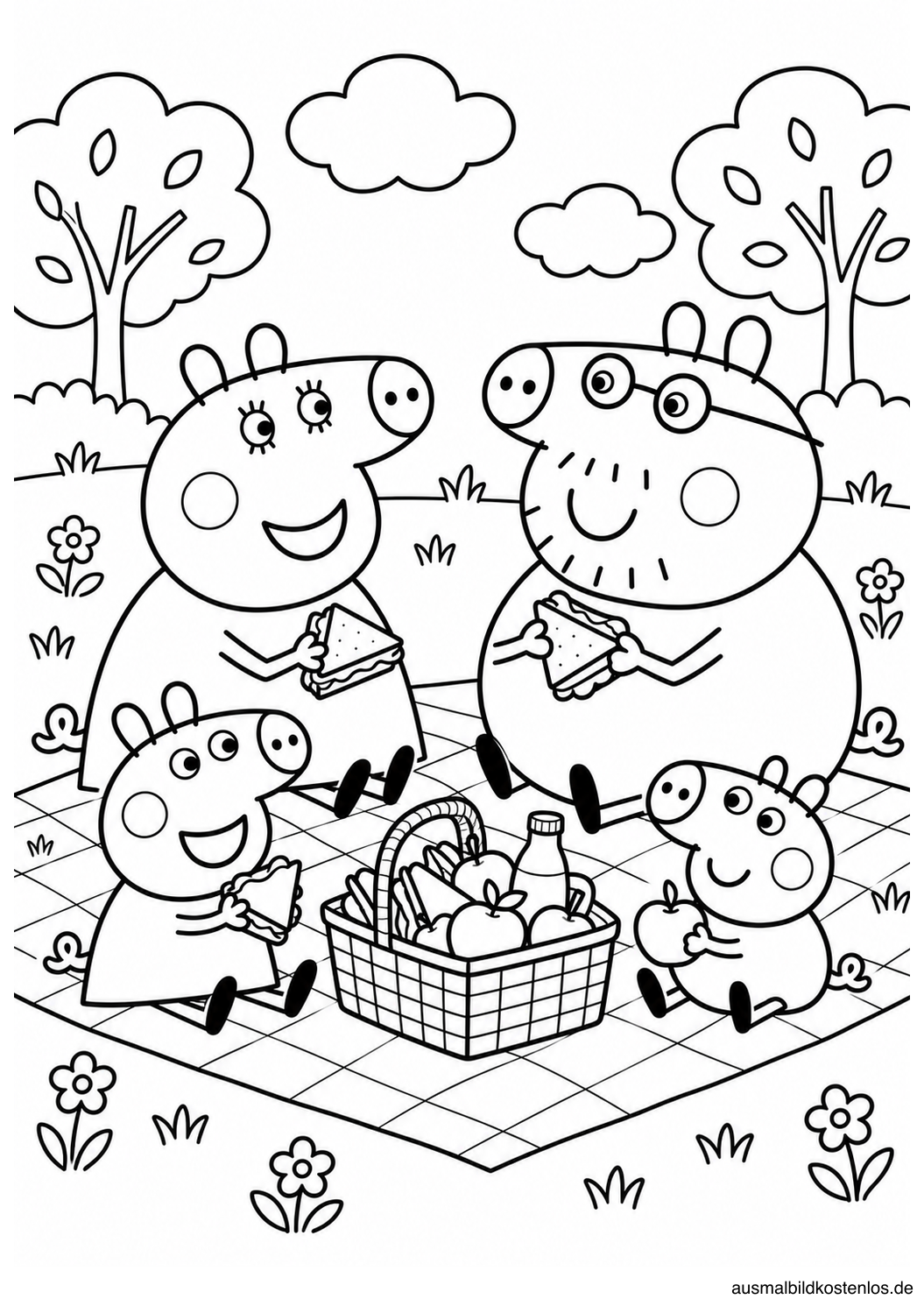 Peppa Wutz und ihre Familie sitzen auf einer Picknickdecke beim Essen.