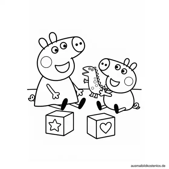 Peppa Wutz und Schorsch spielen sitzend mit einem Spielzeugdinosaurier.