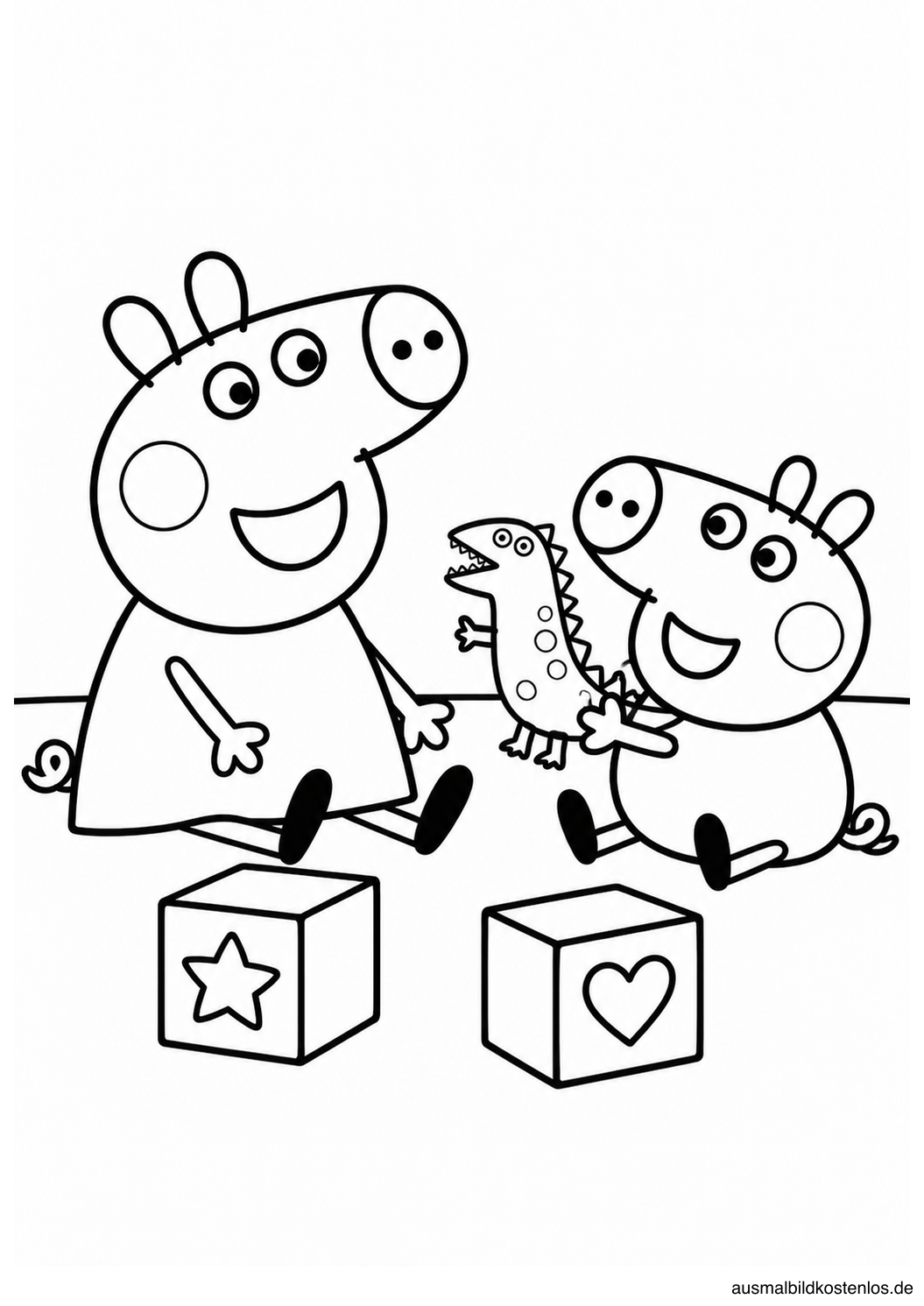 Peppa Wutz und Schorsch spielen sitzend mit einem Spielzeugdinosaurier.