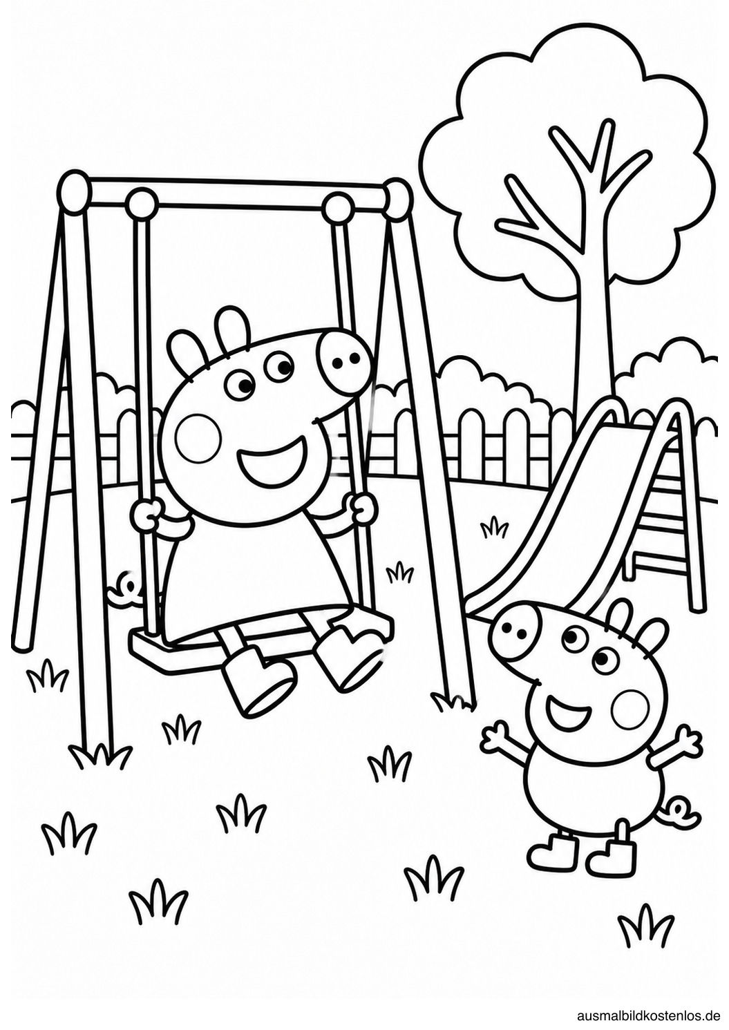 Peppa Wutz sitzt auf einer Schaukel, Schorsch steht vor einer Rutsche.