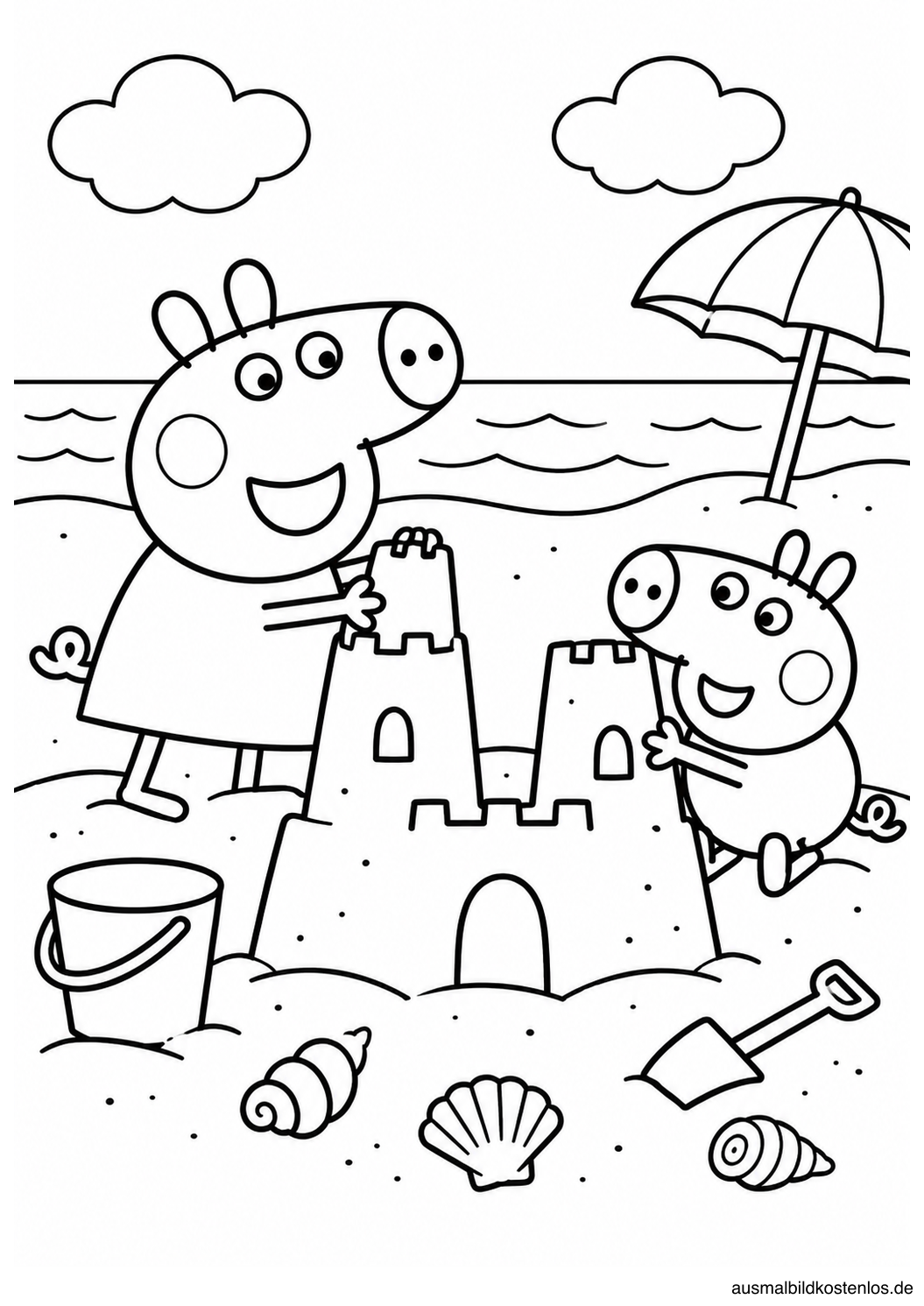 Peppa Wutz und Schorsch bauen am Strand eine große Sandburg.