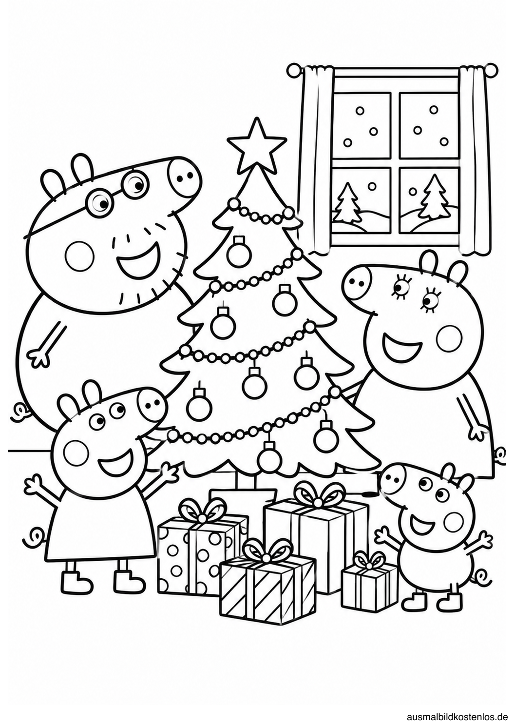 Peppa Wutz und ihre Familie feiern Weihnachten vor dem Tannenbaum.