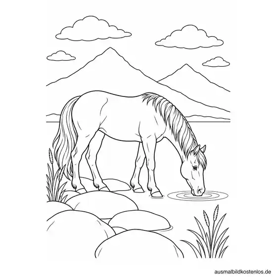 Pferd trinkt am ruhigen Bergsee