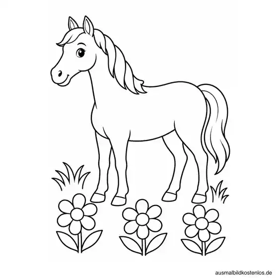Pferd auf einer Wiese mit großen Blumen