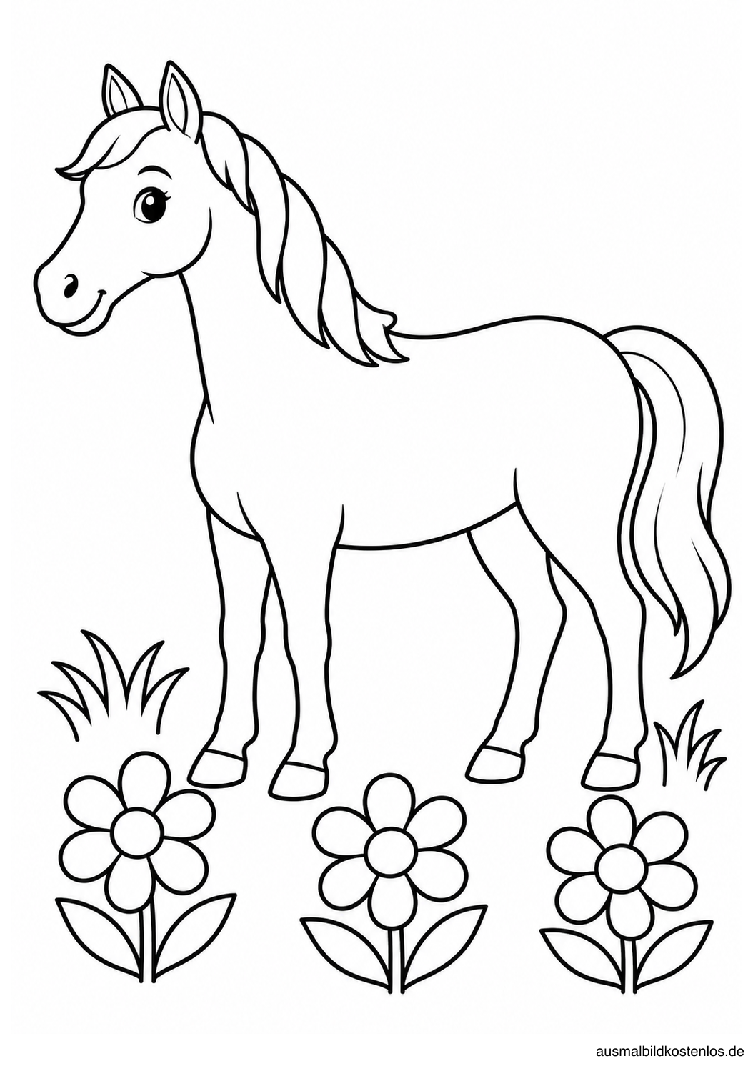 Ein Pferd steht seitlich zwischen drei großen Blumen und zwei Grasbüscheln.