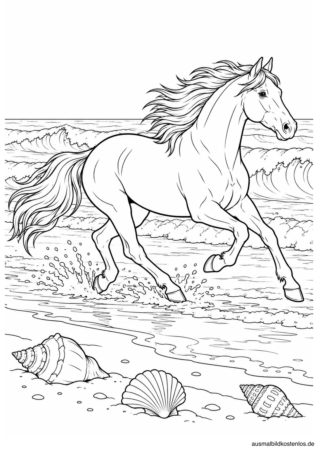 Ein Pferd galoppiert durch flaches Wasser am Strand; davor liegen drei Muscheln.