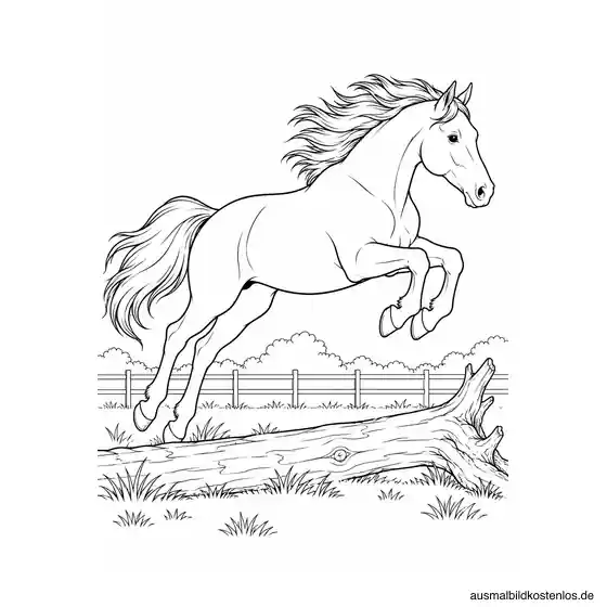 Pferd springt über einen Baumstamm