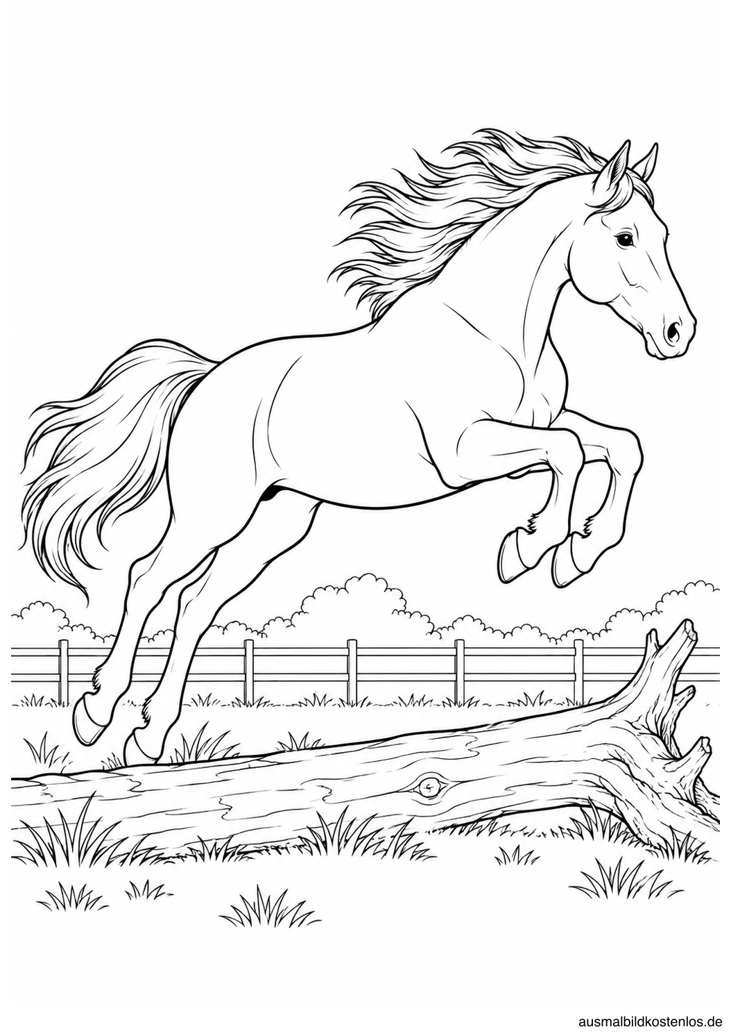 Ein Pferd springt ohne Sattel über einen Baumstamm; dahinter stehen Zaun und Büsche.