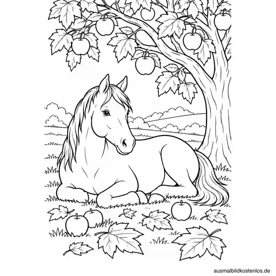 Pferd unter dem Apfelbaum im Herbst