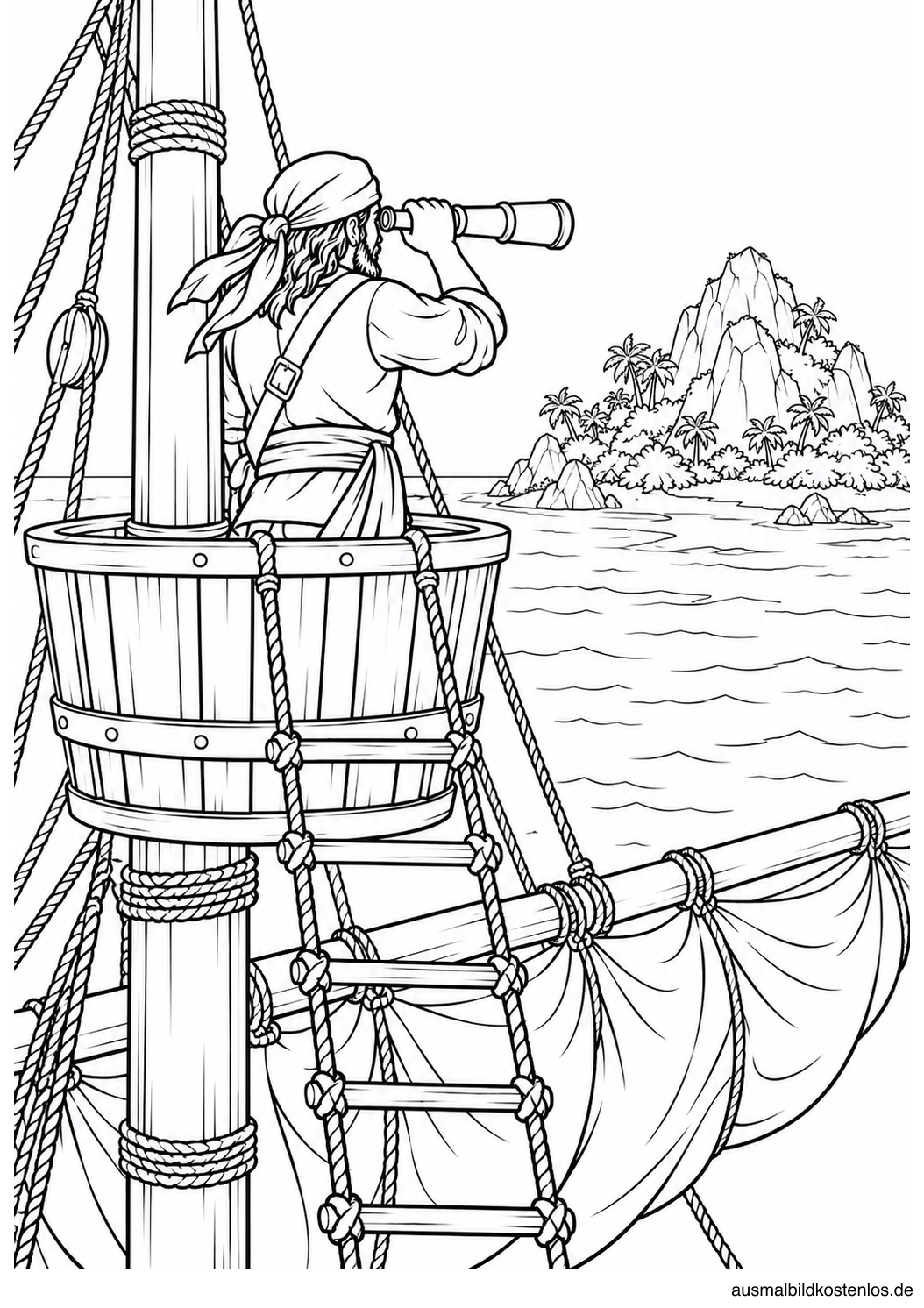 Ein Pirat beobachtet eine Insel durch sein Fernrohr im Ausguck.