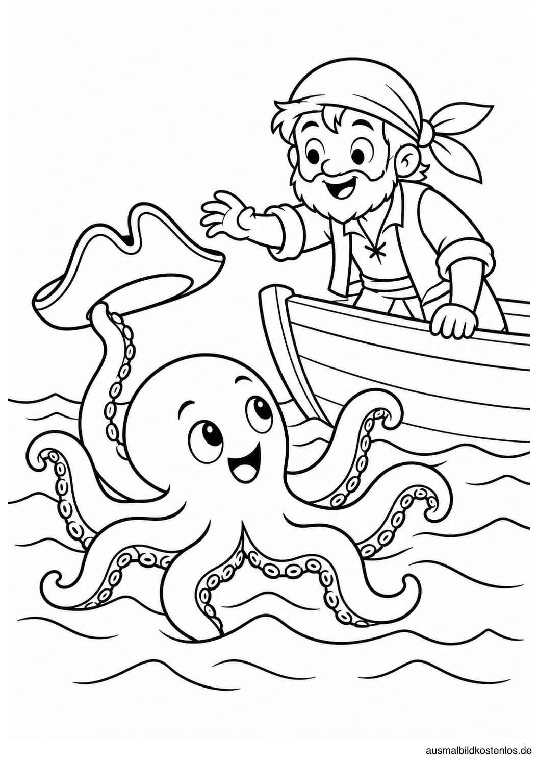 Ein freundlicher Oktopus hebt den verlorenen Hut zu einem Piraten im Boot.