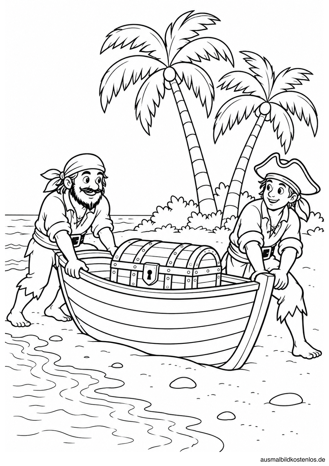 Zwei Piraten ziehen ein Ruderboot mit geschlossener Schatztruhe an den Strand.