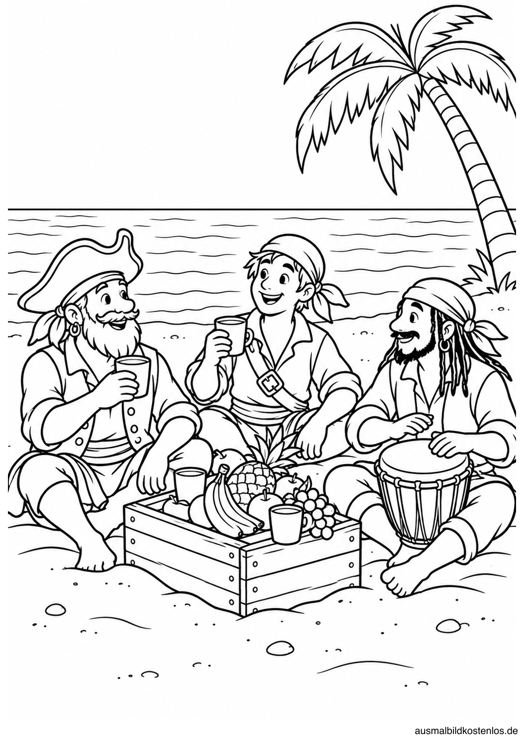 Drei Piraten feiern am Strand mit Obst, Bechern und einer Trommel.