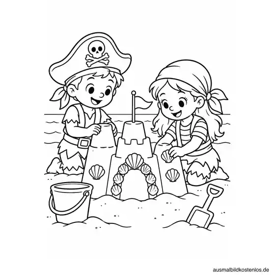 Piratenkinder bauen eine Sandburg