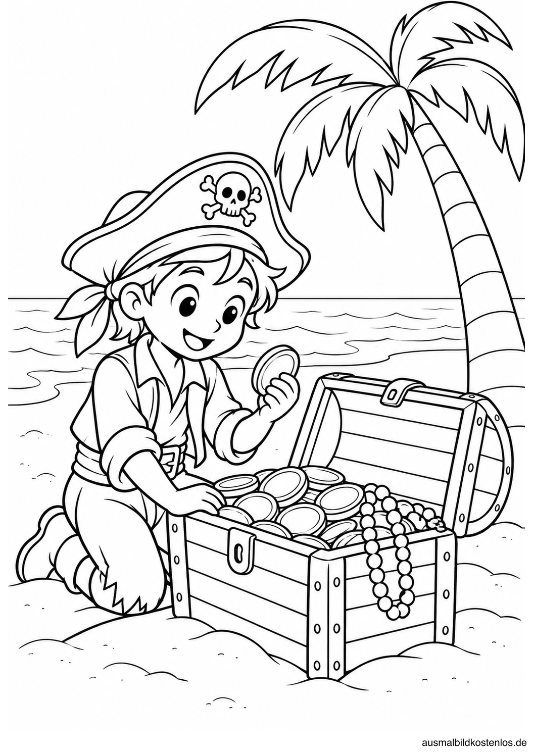 Ein Piratenkind entdeckt Münzen und eine Perlenkette in einer offenen Truhe unter einer Palme.