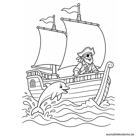 Piratenschiff mit springendem Delfin